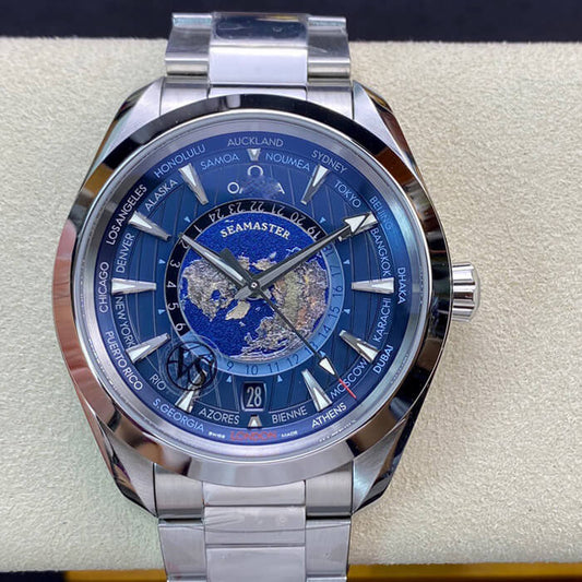 REPLICA SEAMASTER AQUA TERRA GMT WORLDTIMER 220.10.43.22.03.001 VS FACTORY BLUE DIAL