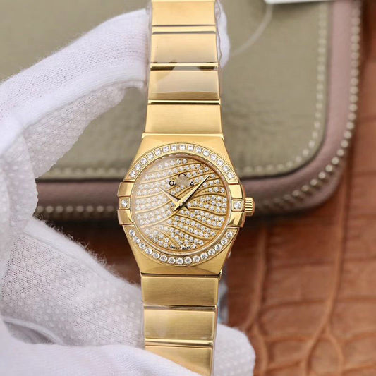 REPLICA CONSTELLATION LADIES 27MM TW FACTORY 18K YELLOW GOLD TEXTURED DIAMOND DIAL