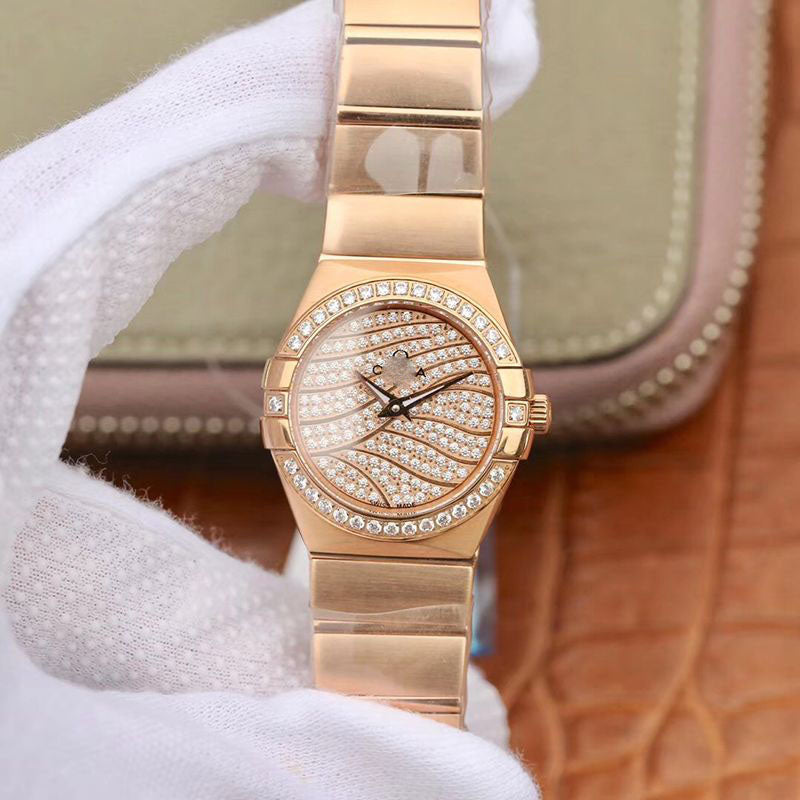 REPLICA CONSTELLATION LADIES 27MM TW FACTORY 18K ROSE GOLD TEXTURED DIAMOND DIAL