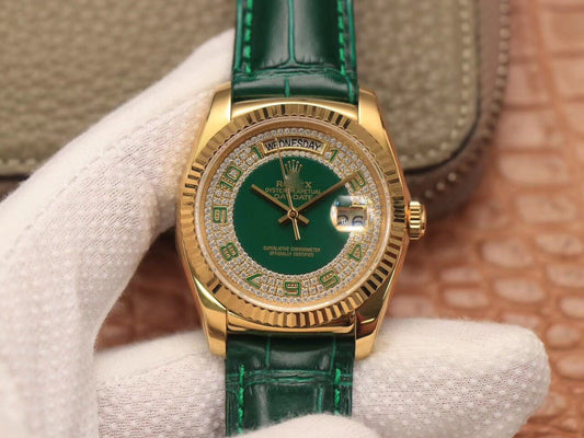 REPLICA DAY-DATE 36MM GREEN ENAMEL DIAMOND GYPSOPHILA GOLD DIAL WATCH