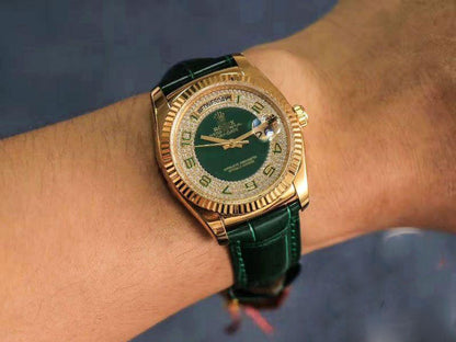 REPLICA DAY-DATE 36MM GREEN ENAMEL DIAMOND GYPSOPHILA GOLD DIAL WATCH