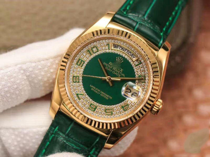 REPLICA DAY-DATE 36MM GREEN ENAMEL DIAMOND GYPSOPHILA GOLD DIAL WATCH