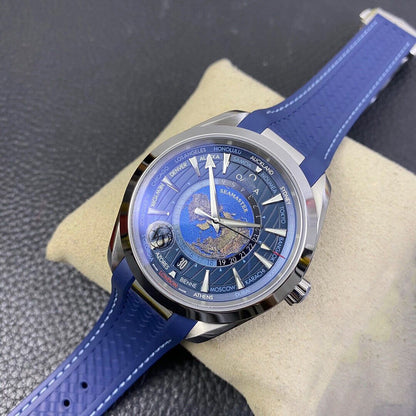 REPLICA SEAMASTER AQUA TERRA GMT WORLDTIMER 220.12.43.22.03.001 VS FACTORY BLUE DIAL