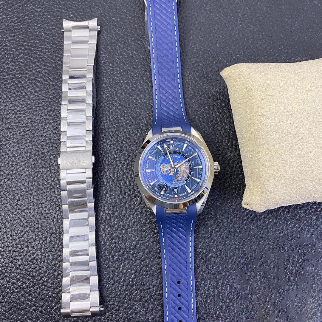 REPLICA SEAMASTER AQUA TERRA GMT WORLDTIMER 220.12.43.22.03.001 VS FACTORY BLUE DIAL