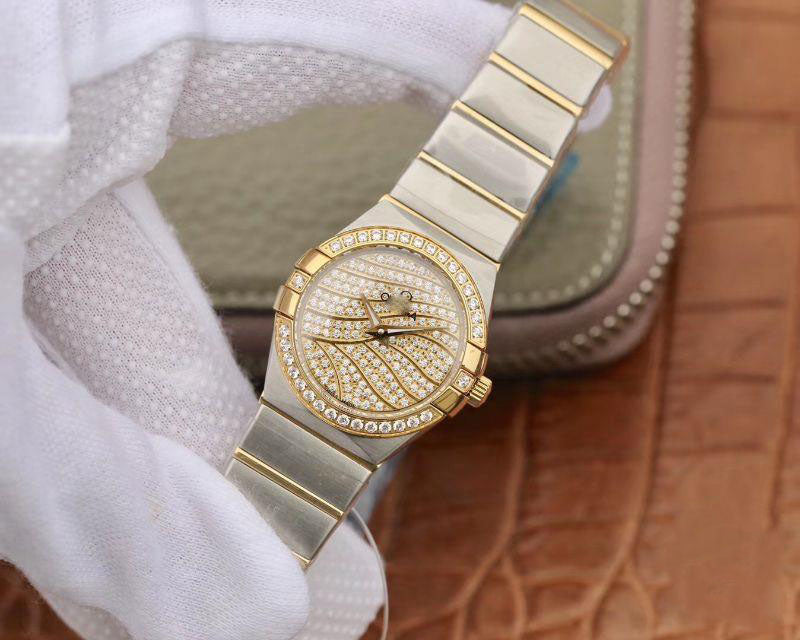 REPLICA CONSTELLATION LADIES 27MM TW FACTORY YELLOW GOLD TEXTURED DIAMOND DIAL